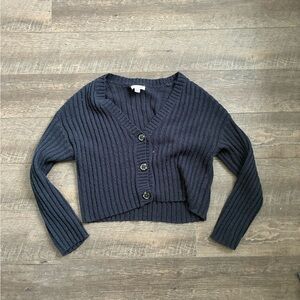 American Eagle Outfitters Cropped Ribbed V-Neck Cardigan - Navy
